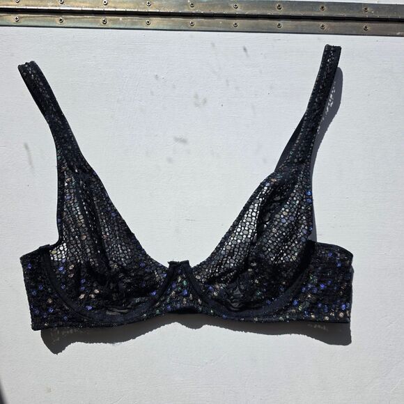 Savage X Fenty Disco Night Iridescent Lace Up, unlined Black Bra US 36B - Picture 3 of 6
